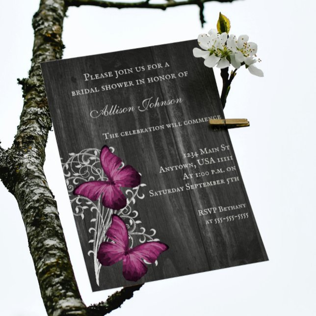 Convites Chá de panela de borboleta russa magenta Invite (Magenta Rustic Butterfly Bridal Shower Invitation)
