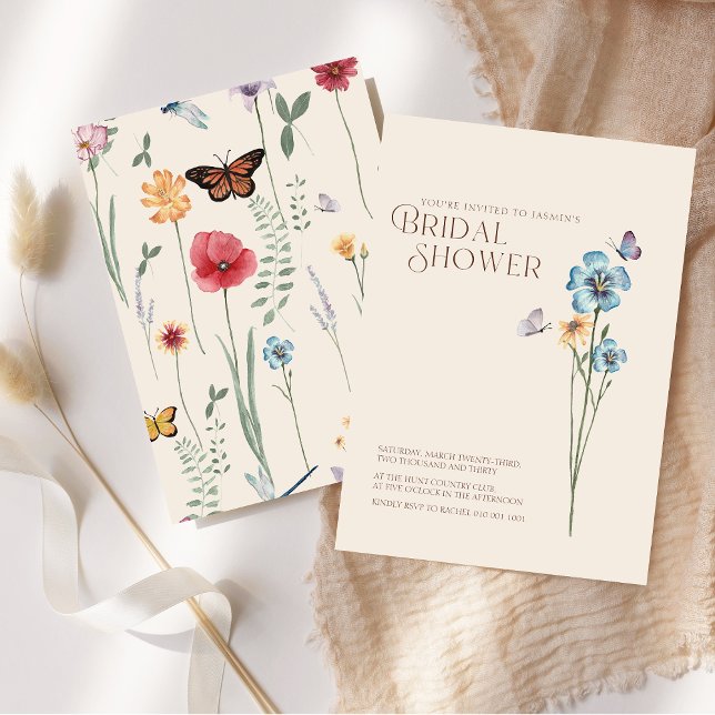Convites Chá de panela de Borboletas Azuis Simples (Simple Blue Wildflower Butterflies Bridal Shower Invitation)
