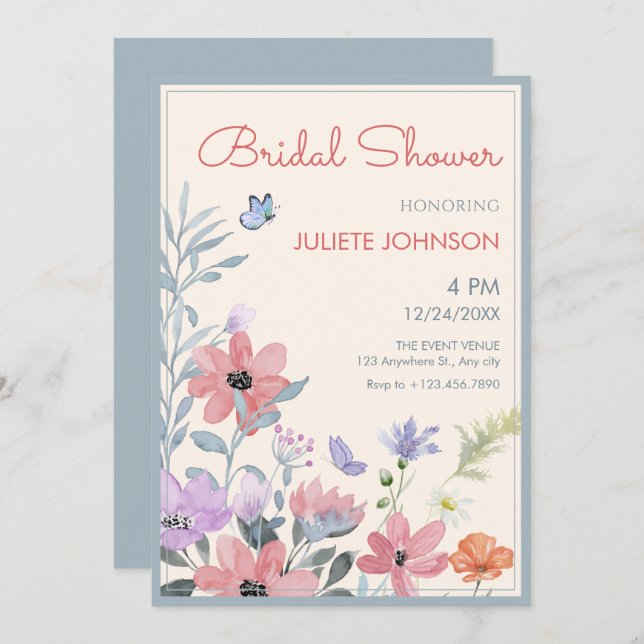 Convites Chá de panela de borboletas de flores pastosas de  (Frente/Verso)