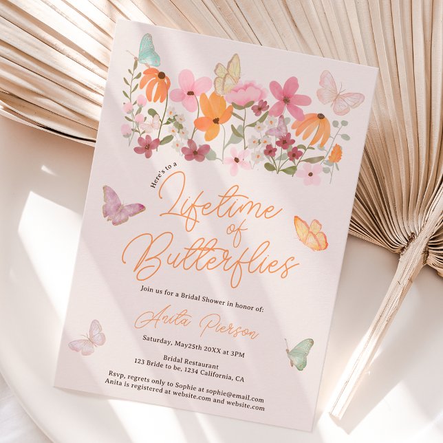 Convites Chá de panela de borboletas de flores silvestres (Boho blush wildflowers butterflies bridal shower invitation)
