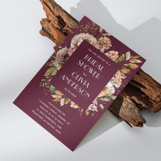 Convites Chá de panela de Borgonha Escura | Elegante Boho C (Criador carregado)