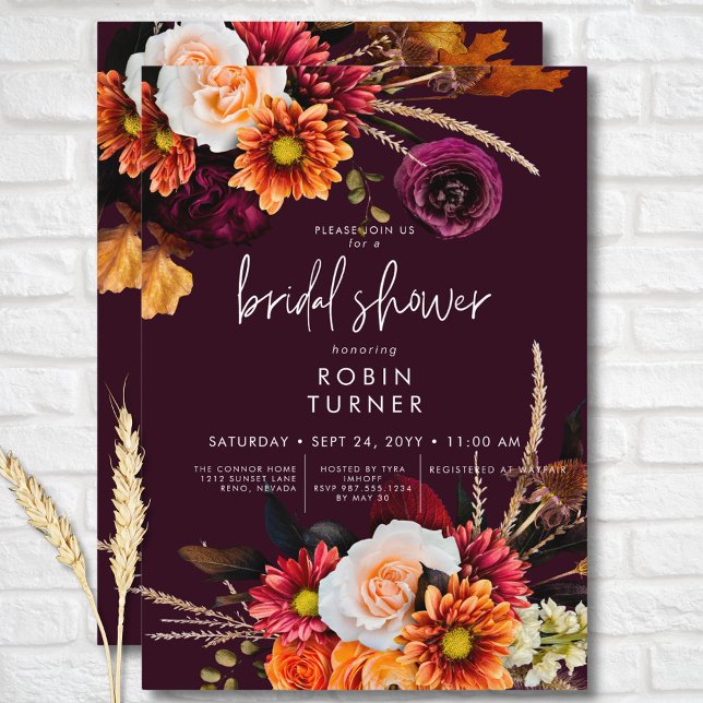 Convites Chá de panela de Borgonha Floral de Boho Dark (Dark Russet Boho Floral Burgundy Bridal Shower Invitation)