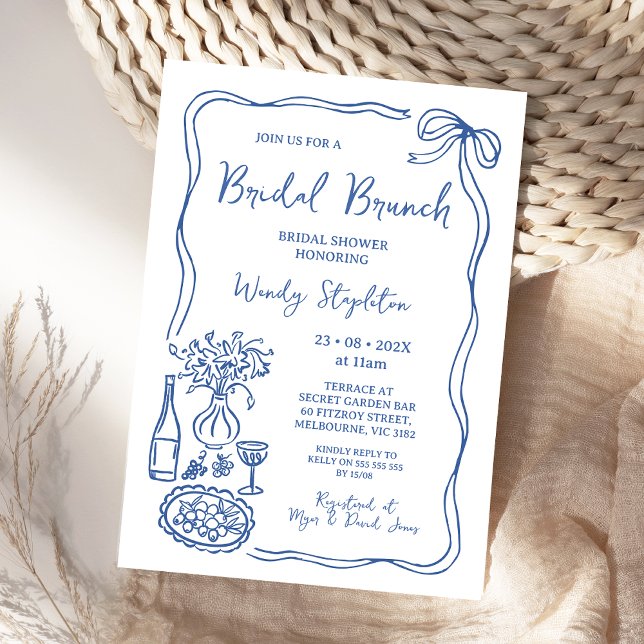 Convites Chá de panela De Brunch Desenhado Com Mão Azul Whi (Whimsical Blue Hand Drawn Bridal Shower Invitation, Doodle, Bridal Brunch Bridal Shower Invite Food)