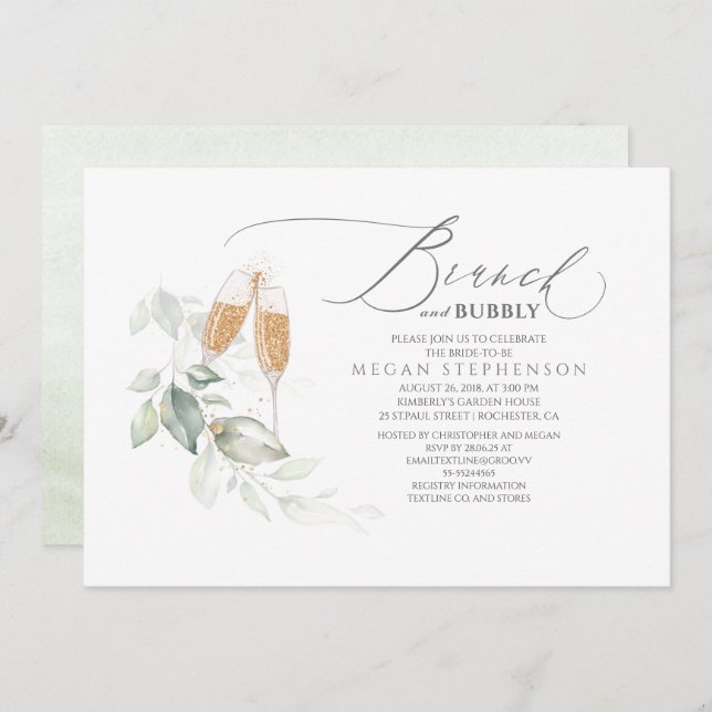 Convites Chá de panela de Brunch e Bubble Elegante Greenery (Frente/Verso)