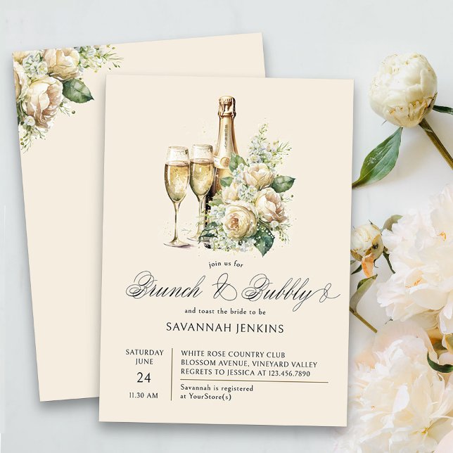 Convites Chá de panela de Brunch e Champanhe de Borracha (Brunch & Bubbly Champagne Bridal Shower Invitation on cream)