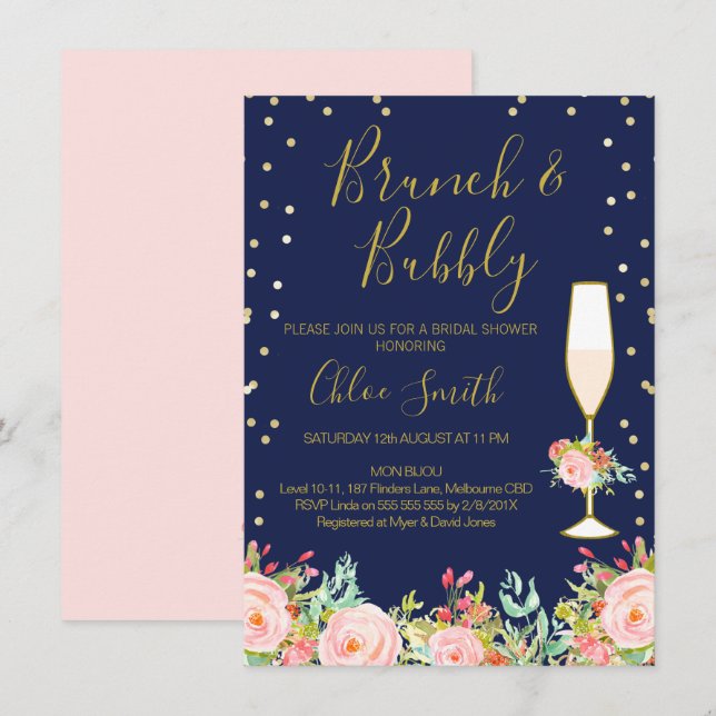 Convites Chá de panela de Brunch Floral Azul Rosa (Frente/Verso)