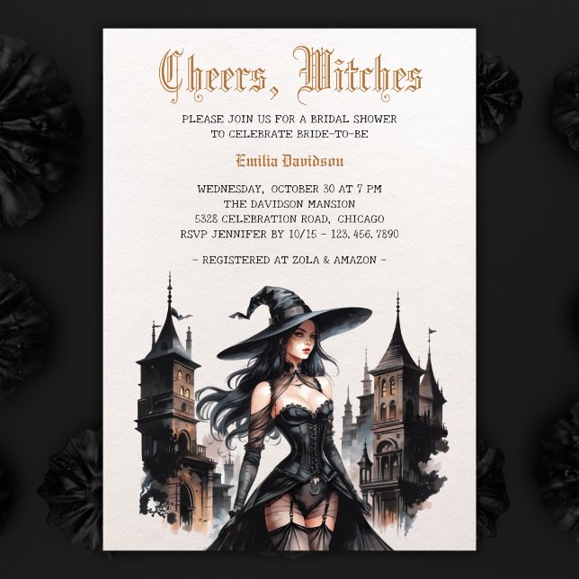 Convites Chá de panela de Bruxas de Gótico de Aquarela (Watercolor Goth Witch Halloween Bridal Shower Invitation)