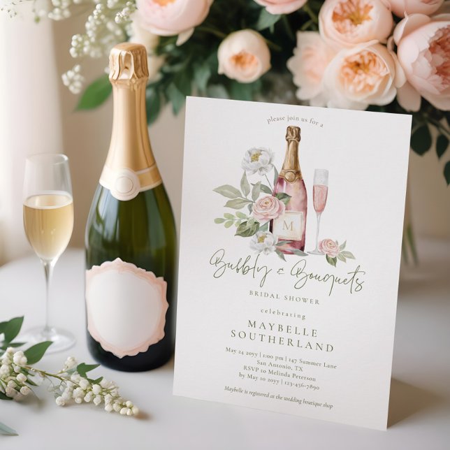 Convites Chá de panela de Buquê de Aquarela Prosecco à Boca (Watercolor Pink Peony Floral Blossom Bridal Shower Invitation)