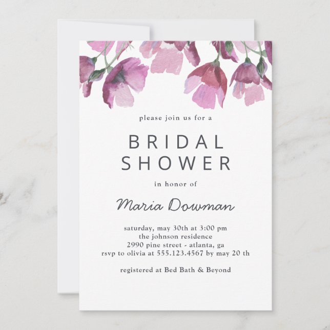 Convites Chá de panela de buquê de aquarela violeta floral (Frente)