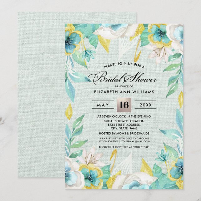 Convites Chá de panela de Burlap Floral Amarelo (Frente/Verso)