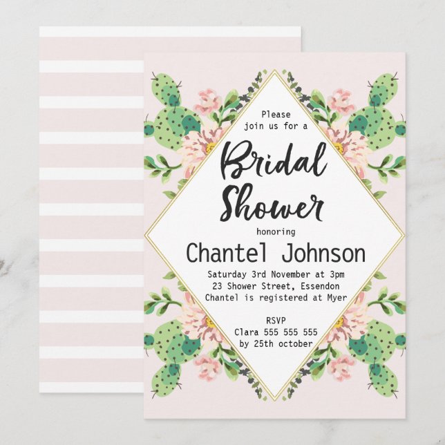 Convites Chá de panela de Cactus em Forma de Diamante (Frente/Verso)