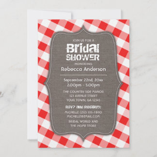 Convites Chá de panela de Canvas de Gingham Vermelho e Bran