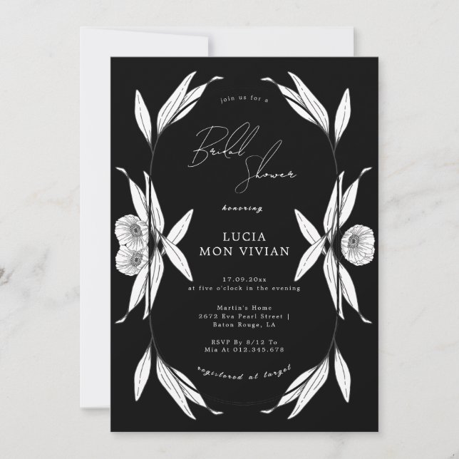 Convites Chá de panela de Cápsula Floral Elegante Preto e B (Frente)