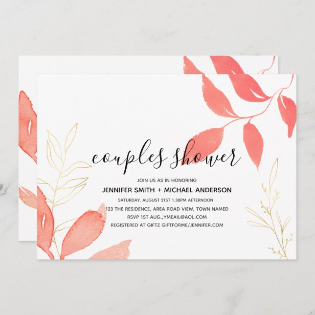 Convites Chá de panela De Casais De Casamento Botânico Dour (Frente/Verso)