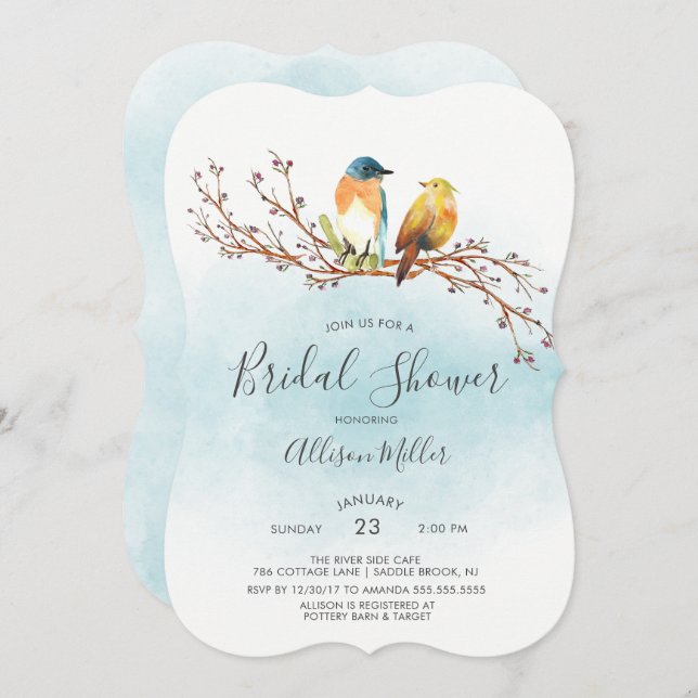 Convites Chá de panela de Casal de Pássaros de Amor (Frente/Verso)