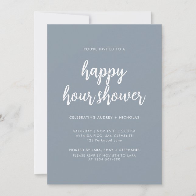 Convites Chá de panela de Casal Dusty Blue Happy Hour (Frente)
