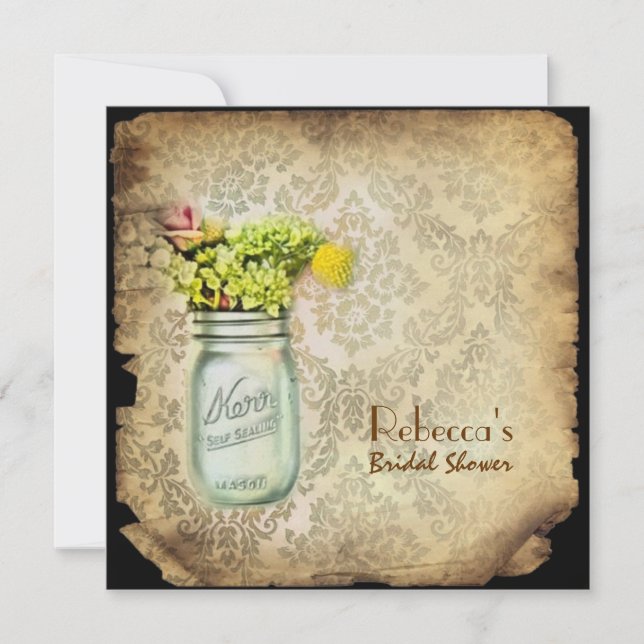 Convites chá de panela de casamento damask mason jar (Frente)