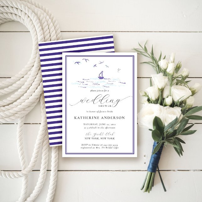 Convites Chá de panela de Casamento de Barcos de Ondas Náut (nautical wedding shower invitation bridal coastal ocean beach waves boat birds modern elegant)