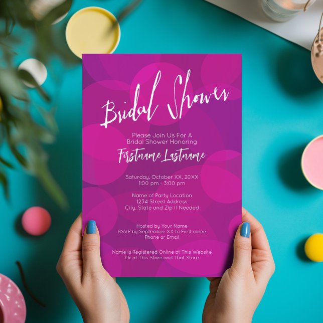 Convites Chá de panela de Casamento de Bokeh Púrpura Modern (Modern Bridal Shower Invitation in Hot Pink and Purple)