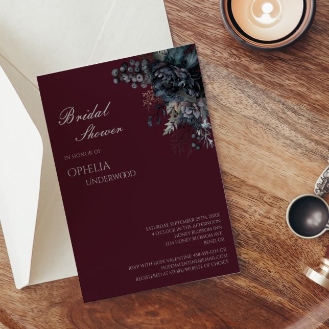 Convites Chá de panela De Casamento De Borgonha Floral Dark (Criador carregado)