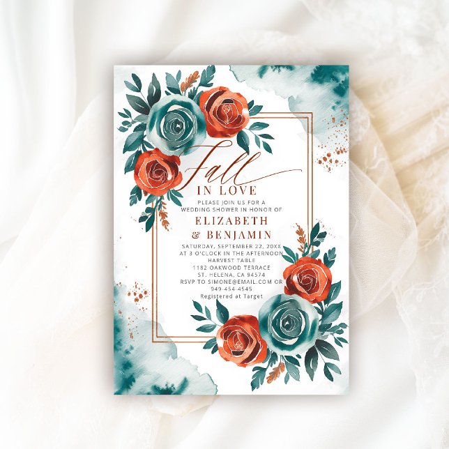 Convites Chá de panela de Casamento de Moldura Laranja de A (fall in love wedding shower invitation teal burnt orange terracotta watercolor calligraphy floral)