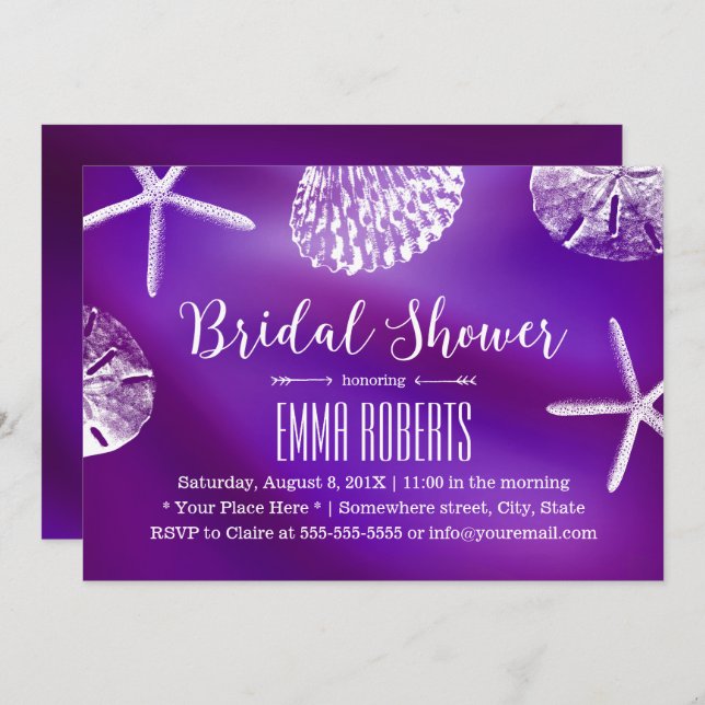 Convites Chá de panela de Casamento de Praia Púrpura Elegan (Frente/Verso)