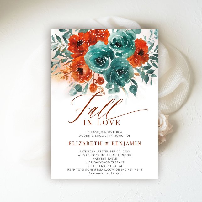 Convites Chá de panela De Casamento De Sangue De Laranja Te (fall in love wedding shower invitation teal burnt orange terracotta watercolor calligraphy romantic)