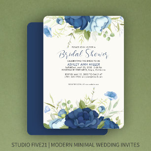 Convites Chá de panela de Casamento Floral Azul Elegante