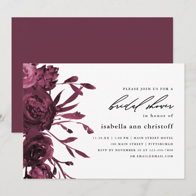 Convites Chá de panela de Casamento Floral Chic Burgundy (Frente/Verso)