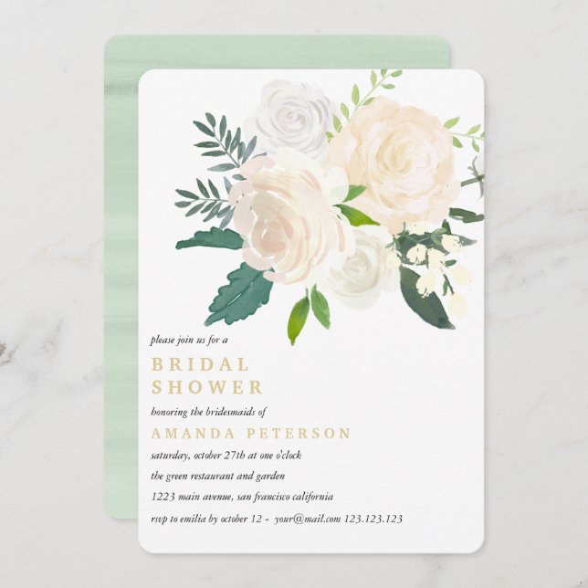 Convites Chá de panela De Casamento Floral De Ivory Buquê (Frente/Verso)