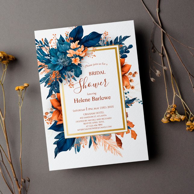 Convites Chá de panela de Casamento Floral Indigo Rust Boho (Criador carregado)