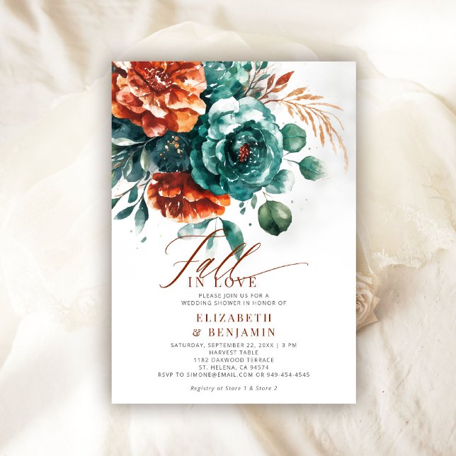 Convites Chá de panela de Casamento Laranja Queimado com Te (fall in love wedding shower invitation teal burnt orange terracotta watercolor calligraphy rustic)