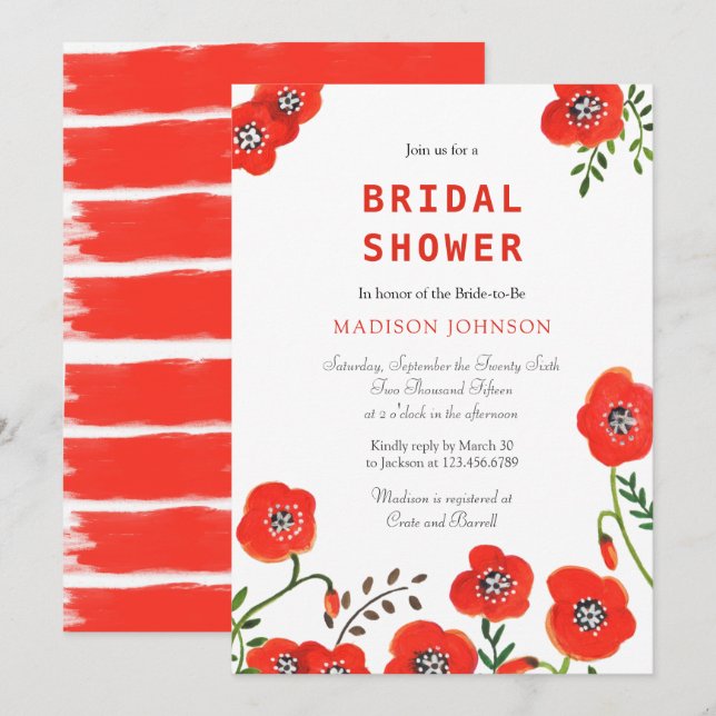 Convites chá de panela de casamento moderno da florada verm (Frente/Verso)