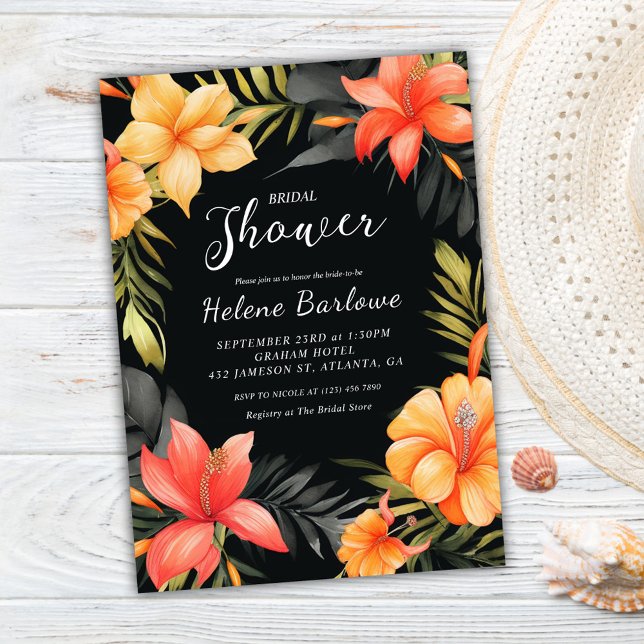Convites Chá de panela de Casamento Tropical Negro (Black Tropical Wedding Bridal Shower Invitation)