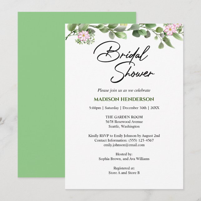 Convites Chá de panela de Casamento Verde Elegante e Floral (Frente/Verso)