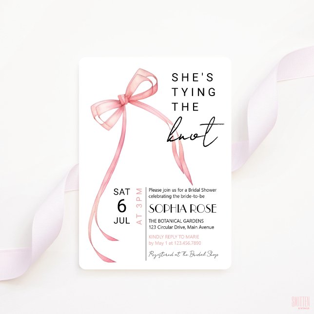 Convites Chá de panela de Casando (shes tying the knot bridal shower invitation pink ribbon bow coquette theme)