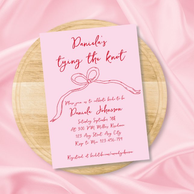 Convites Chá de panela de Casando rosa com Arco desenhado à (Hand Drawn Bow Pink Tying The Knot Bridal Shower Invitation)