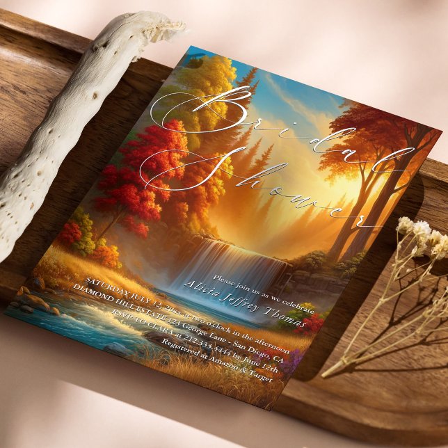 Convites Chá de panela de cascata do outono Elegante (Elegant Autumn Waterfall Bridal Shower Invitation)