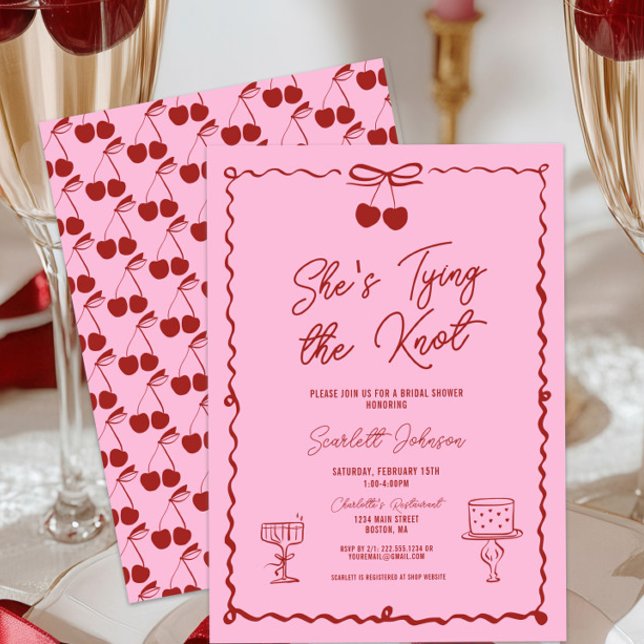 Convites Chá de panela de cereja do Arco rosa e vermelho (She's Tying the Knot Red and Pink Hand Drawn Cherry Bridal Shower Invitation, Chic Elegant Modern )
