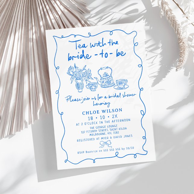 Convites Chá de panela De Chá Branco Azul Desenhado À Mão (Whimsical Hand Drawn Tea Bridal Shower Invitation Blue,
Tea Bride to Be Bridal Shower, Tea cups)