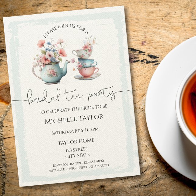 Convites Chá de panela de Chá de Aquarela Whimsical (vintage teapot and tea cups with flowers bridal shower invitation)