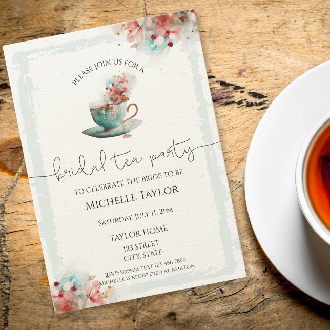 Convites Chá de panela de Chá de Aquarela Whimsical (blue watercolor tea cup with flowers bridal shower invitation)