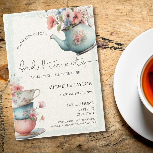 Convites Chá de panela de Chá de Aquarela Whimsical (vintage watercolor teapot and teacups with flowers bridal shower invitation)