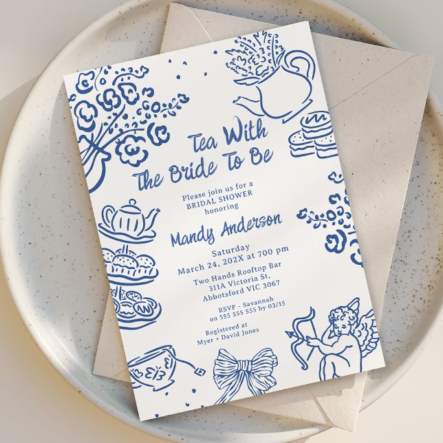 Convites Chá de panela De Chá De Cherub, Desenhado À Mão Az (Hand Drawn Tea Bridal Shower Invitation, Bridal Shower Tea Invitations, Hand Drawn Bridal Tea Invite)