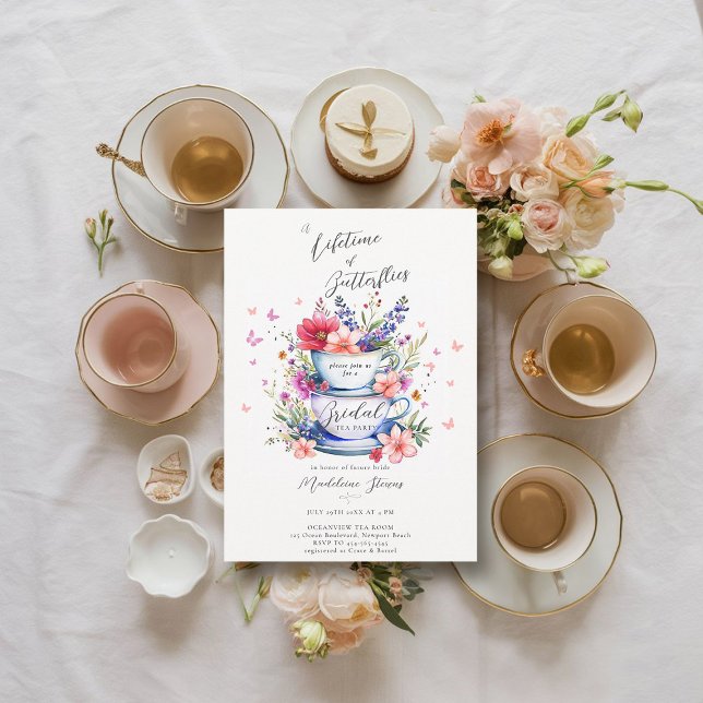 Convites Chá de panela de chá de jardim selvagem borboletas (bridal garden tea party invitation lifetime of butterflies wildflowers tea set elegant boho romantic)
