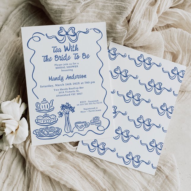 Convites Chá de panela De Chá Desenhado À Mão Azul Whimsica (Blue Hand Drawn Tea Bridal Shower Invitation Template, Whimsical Tea with Bride To Be Bridal Shower )