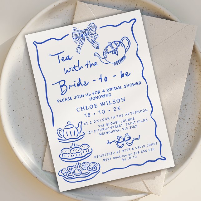 Convites Chá de panela De Chá Desenhado À Mão Azul Whimsica (Blue Hand Drawn Bridal Tea Invitation, Tea with the Bride to Be Invite, Whimsical Tea Bridal Shower )