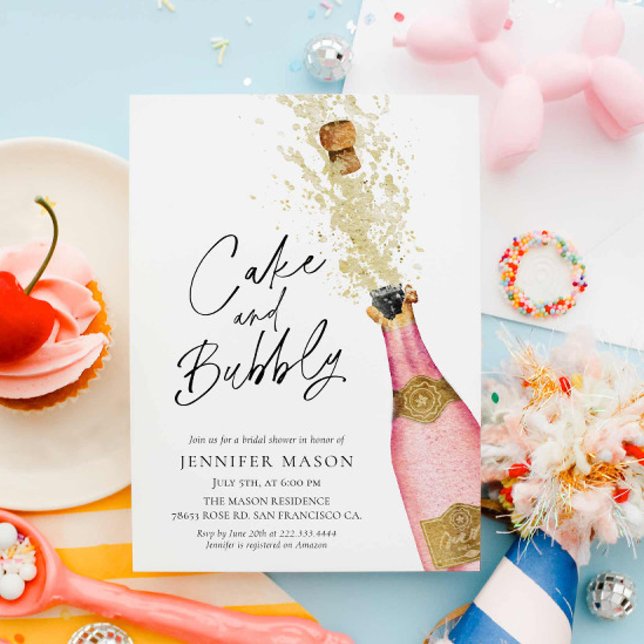 Convites Chá de panela de champanhe Bolo e Borracha (Pink Bubbly Bridal Shower Invitation)