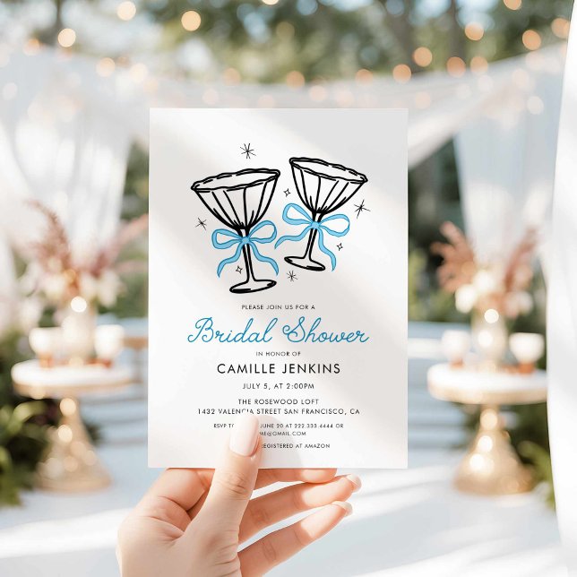 Convites Chá de panela de Champanhe Branco Azul (Blue Bow Brunch Champagne Bridal Shower Invitation)