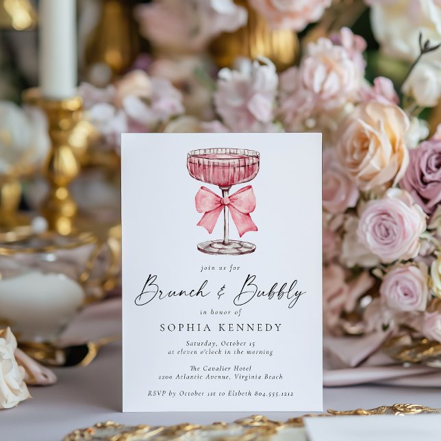 Convites Chá de panela de Champanhe Brunch & Bubble Waterco (Brunch and Bubbly Watercolor Pink Champagne Bridal Shower Invitation )